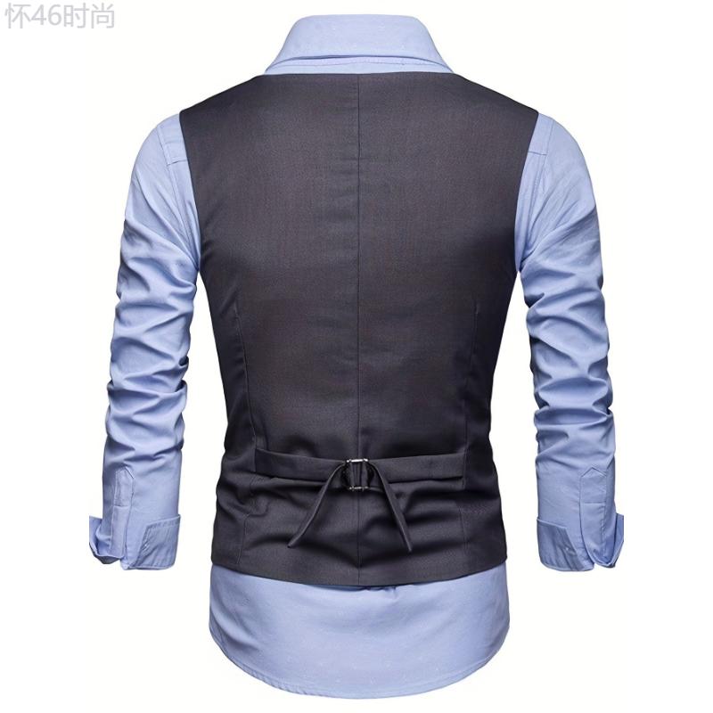 V Neck Smart Suit Vest, Men's Casual Retro Style Solid Color Single Breasted Waistcoat For Spring Fall Dinner Suit Match Collar Menswear