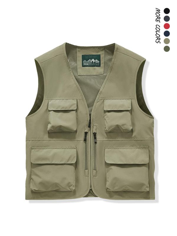 Men's Solid Pocket Zipper V Neck Vest Jacket, Regular Fit Casual Sleeveless Outerwear for Outdoor Fishing, Men's Clothes for All Seasons