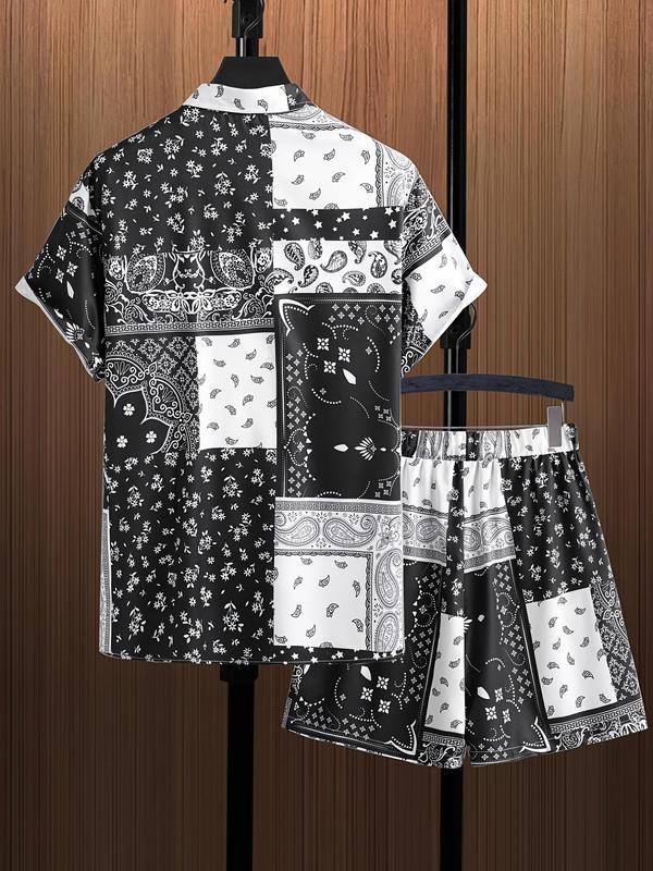 2 Piece Set Men's Paisley Print Co-ord Set, Regular Fit Boho Short Sleeve Button Front Shirt & Drawstring Waist Shorts Set, Summer Clothes Sets