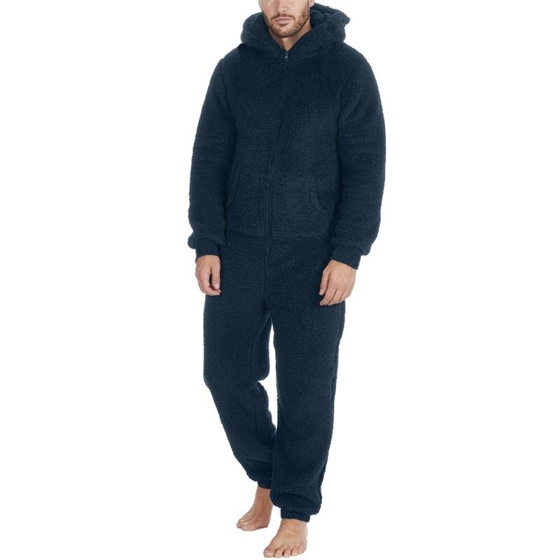 Men s Hooded Pajamas Fleece Solid Color Zipper Front Full Length Jumpsuit Sleepwear for Winter Fall