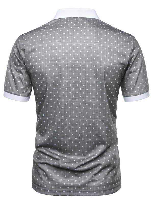 Men's Regular Fit Polka Dot Print Contrast Binding Polo Shirt, Polo Shirts Men, Casual Short Sleeve Button Front Top for Spring & Fall, Fashion Men's Streetwear Clothes for Daily Wear,  Polo Tees,  Polo Clothes