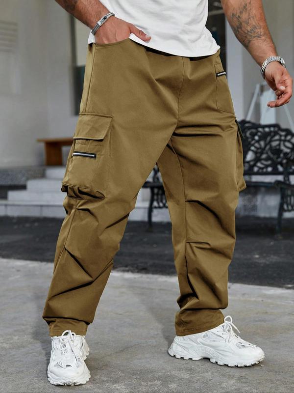  Men's Solid Color Drawstring Waist Cargo Pants, Casual Pocket Zipper Design Trousers for Daily Wear, Fashion Men's Bottoms for All Seasons, 2000s Pants for Men