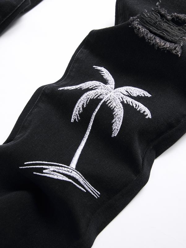 Men's slim fit letters and palm tree embroidery ripped skinny jeans for men Casual Cotton