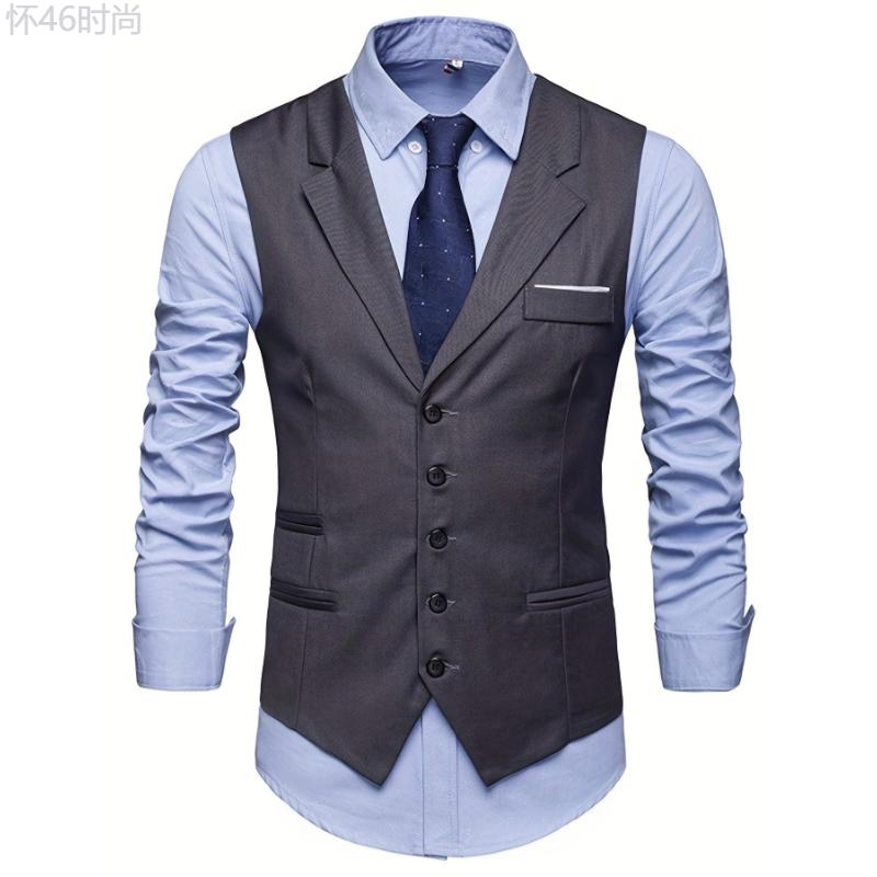 V Neck Smart Suit Vest, Men's Casual Retro Style Solid Color Single Breasted Waistcoat For Spring Fall Dinner Suit Match Collar Menswear