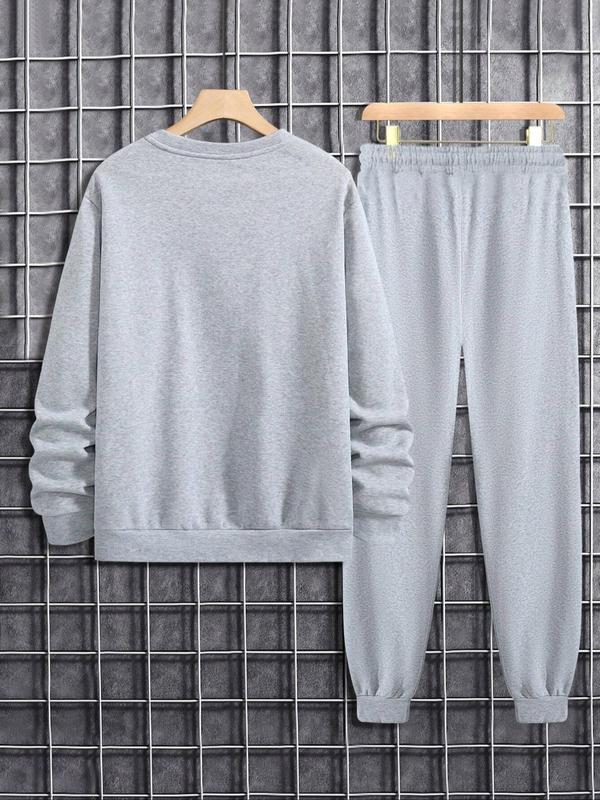 Men's Solid Color Drop Shoulder Thermal Lined Sweatshirt & Drawstring Waist Sweatpants Set, Casual Fashion Cozy Regular Fit Two-piece Outfits for Daily Outdoor Wear, Men Clothes for Fall & Winter