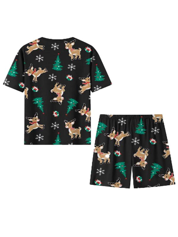 Men's Christmas Reindeer Print Tee & Shorts Loungewear Two-Piece Set, Casual Comfy Round Neck Short Sleeve T-Shirt & Shorts PJ Set, Men's Sleepwear for All Seasons