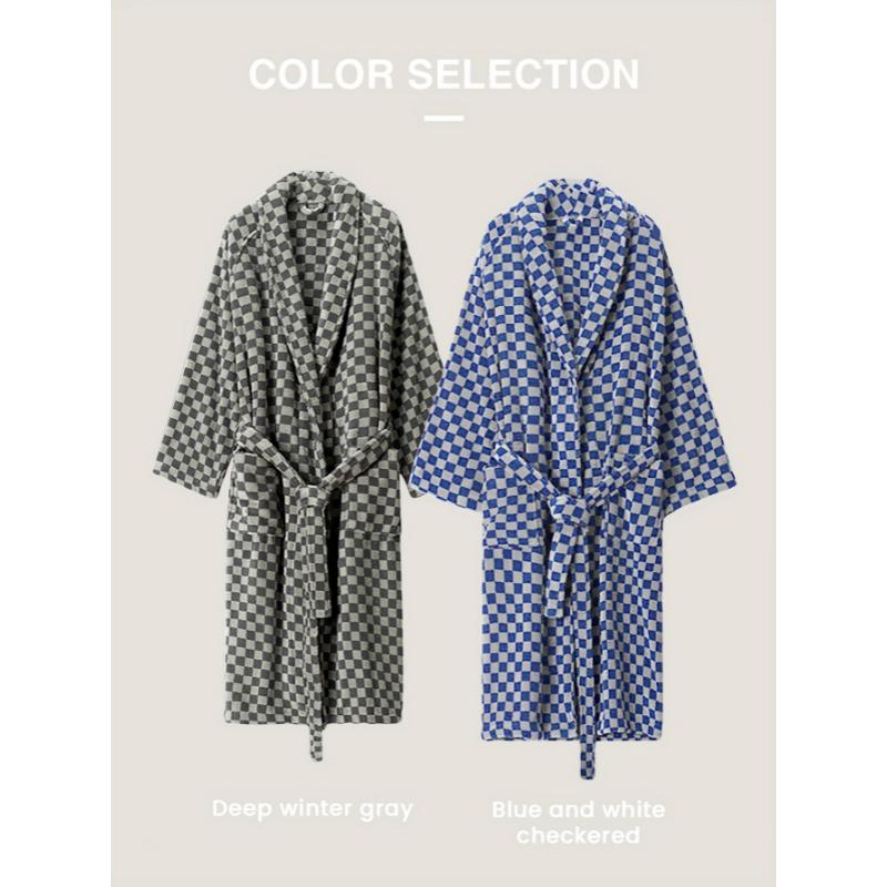 Comfy Fleece Men's One-piece Shawl Collar Kimono Night-robe with Pockets, Checkerboard Pattern Lace Up Home Pajamas