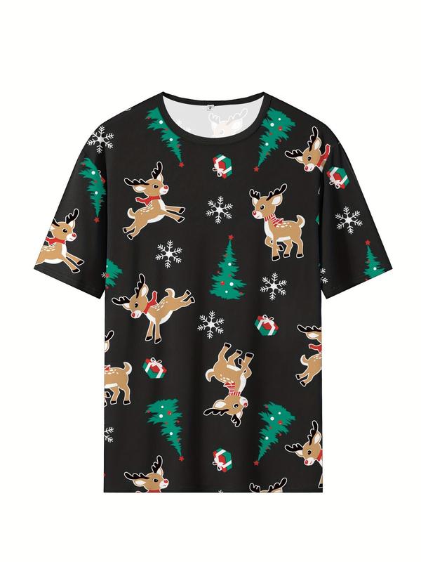 Men's Christmas Reindeer Print Tee & Shorts Loungewear Two-Piece Set, Casual Comfy Round Neck Short Sleeve T-Shirt & Shorts PJ Set, Men's Sleepwear for All Seasons