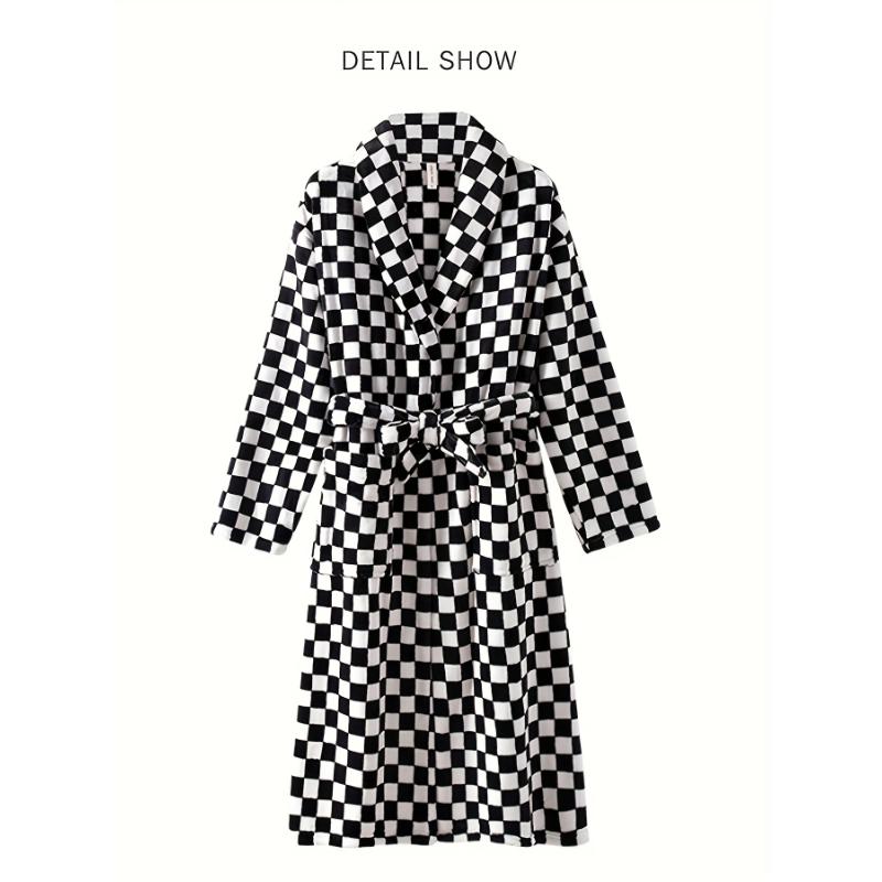 Comfy Fleece Men's One-piece Shawl Collar Kimono Night-robe with Pockets, Checkerboard Pattern Lace Up Home Pajamas