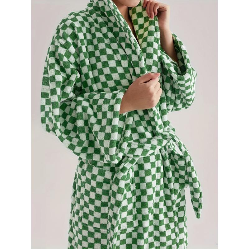 Comfy Fleece Men's One-piece Shawl Collar Kimono Night-robe with Pockets, Checkerboard Pattern Lace Up Home Pajamas