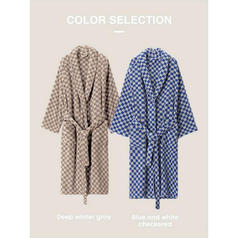 Comfy Fleece Men's One-piece Shawl Collar Kimono Night-robe with Pockets, Checkerboard Pattern Lace Up Home Pajamas