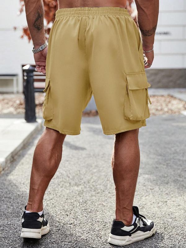  Solid Color Elastic Waist Cargo Shorts, Regular Fit Casual Comfy Pocket Shorts for Daily Wear, Men's Bottoms for All Seasons