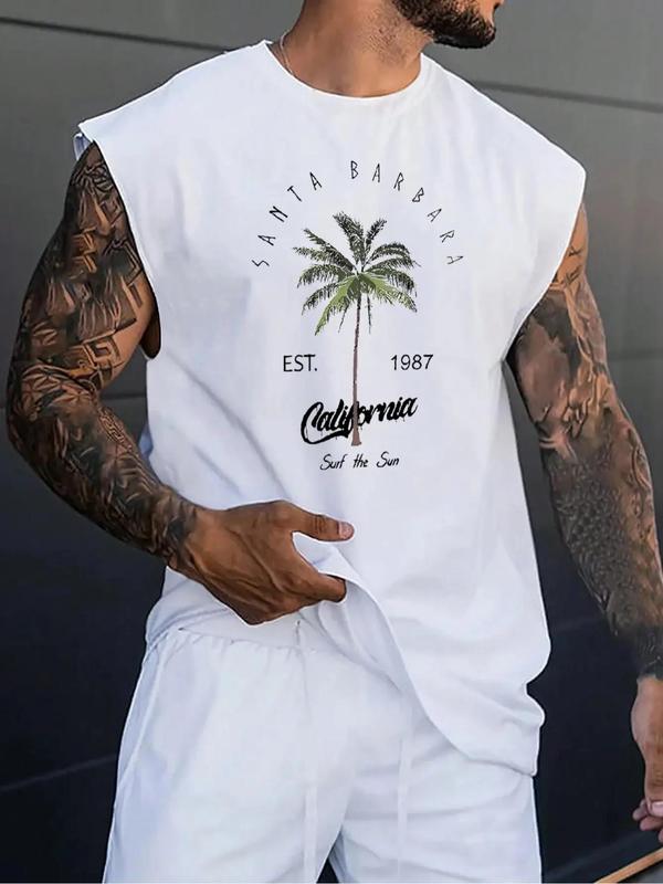 Men's Regular Fit Letter & Palm Tree Print Round Neck Sleep Tee, Casual Soft Comfortable Sleeveless Sleep Top For Daily Wear, Sleepwear For All Seasons