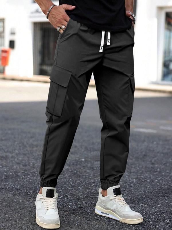 Men's Letter Patched Drawstring Waist Cargo Pants, Pants for Men, Street Fashion Regular Fit Pocket Trousers for Daily Wear, Men's Bottoms for All Seasons