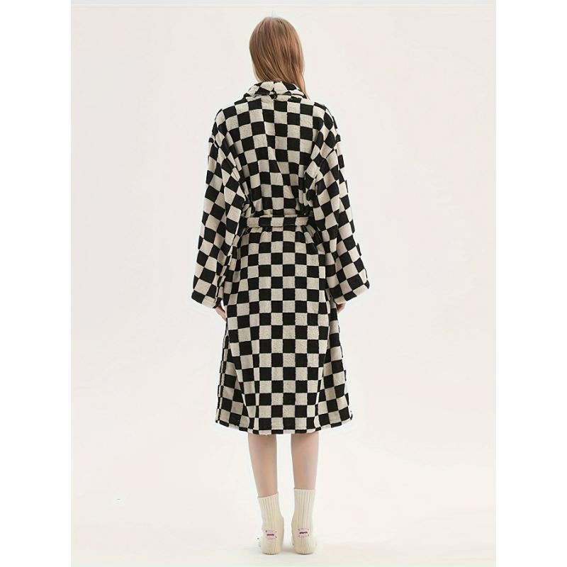 Comfy Fleece Men's One-piece Shawl Collar Kimono Night-robe with Pockets, Checkerboard Pattern Lace Up Home Pajamas