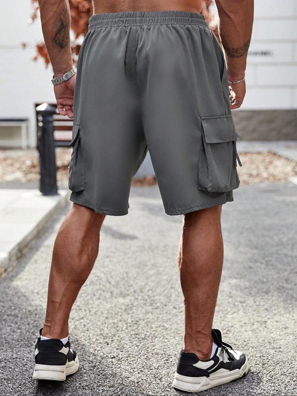  Solid Color Elastic Waist Cargo Shorts, Regular Fit Casual Comfy Pocket Shorts for Daily Wear, Men's Bottoms for All Seasons