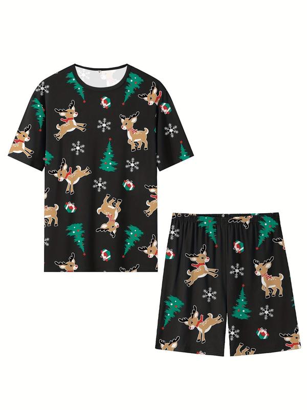 Men's Christmas Reindeer Print Tee & Shorts Loungewear Two-Piece Set, Casual Comfy Round Neck Short Sleeve T-Shirt & Shorts PJ Set, Men's Sleepwear for All Seasons