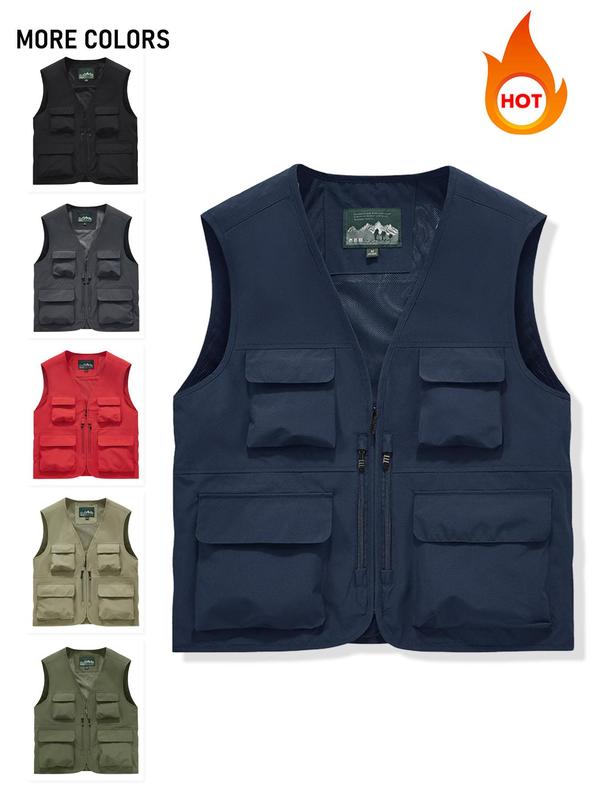 Men's Solid Color Vest Jacket, Regular Fit Casual Sleeveless Zip Up Waistcoat for Outdoor Fishing, Men's Outerwear for All Seasons