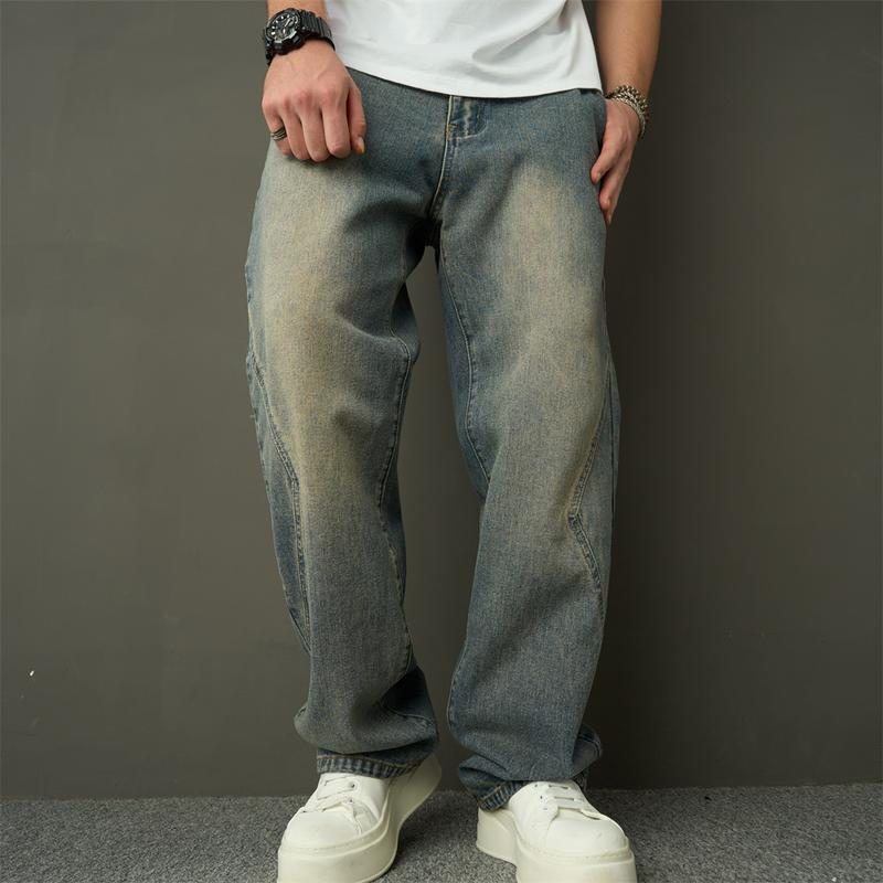 Wide-Leg New Streetwear Men Simple Style Spliced Straight Loose Jeans Trousers Stylish Solid Men's Casual Denim Pants