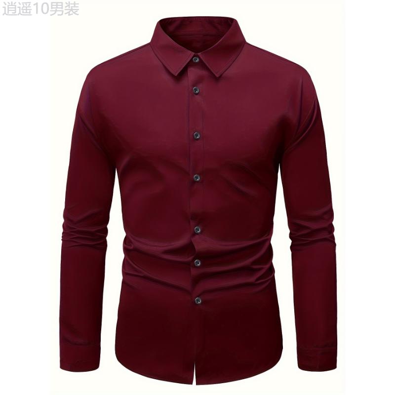 Long Sleeve Men's Solid Color Dress Shirts, Lapel Collar Design Casual Button Up Shirt For Formal Occasions Menswear Top