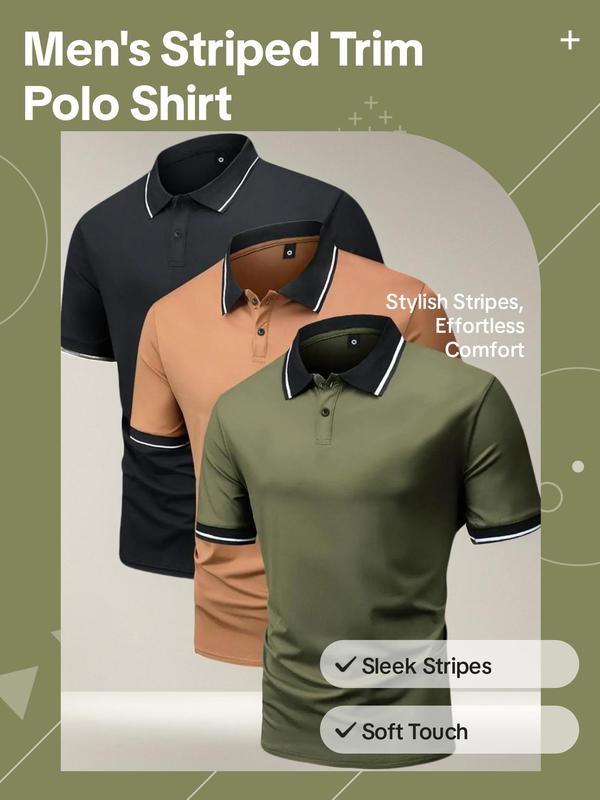 Men's Striped Trim Print Button Front Half Placket Polo Shirt, Polo Shirts Men, Regular Fit Shortsleeve Top, Casual Soft Comfy Short Sleeve Collared Top for Summer, Summer Outfits, Men's Back To School Clothes for Daily Outdoor Wear