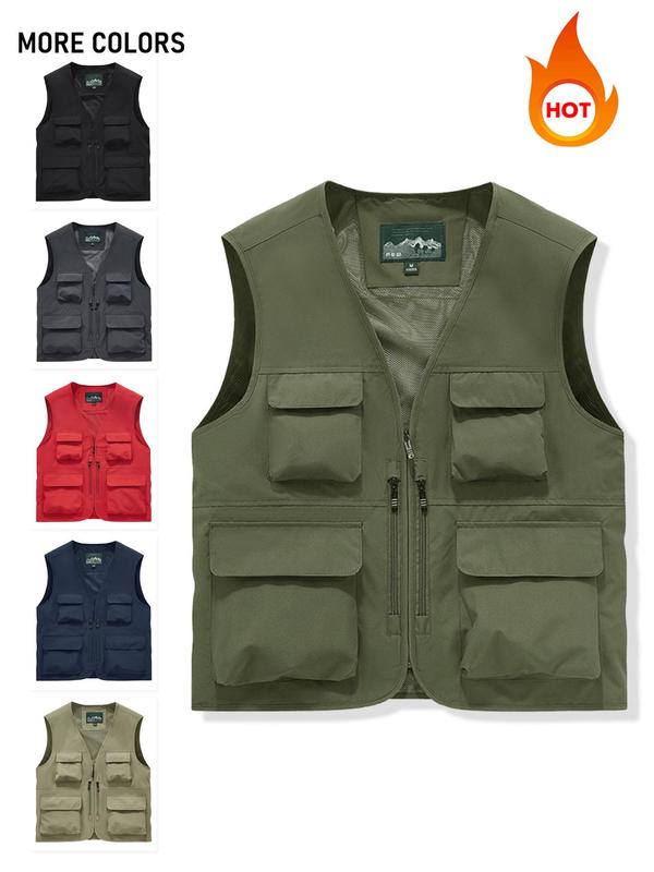 Men's Solid Color Vest Jacket, Regular Fit Casual Sleeveless Zip Up Waistcoat for Outdoor Fishing, Men's Outerwear for All Seasons