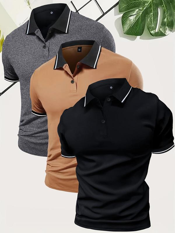 Men's Striped Trim Print Button Front Half Placket Polo Shirt, Polo Shirts Men, Regular Fit Shortsleeve Top, Casual Soft Comfy Short Sleeve Collared Top for Summer, Summer Outfits, Men's Back To School Clothes for Daily Outdoor Wear