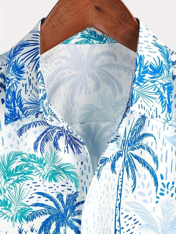 Men's Coconut Tree Print Button Front Shirt, Regular Fit Casual Short Sleeve Collar Top for Beach Vacation, Men's Clothes for All Seasons