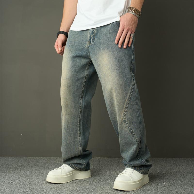 Wide-Leg New Streetwear Men Simple Style Spliced Straight Loose Jeans Trousers Stylish Solid Men's Casual Denim Pants