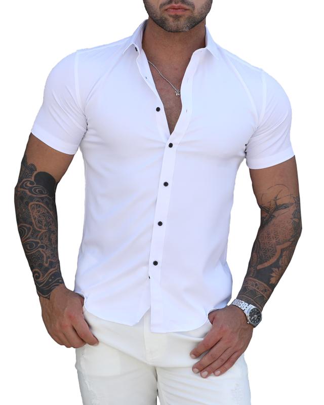 RPOVIG Men's Muscle Dress Shirts Casual Button Down Short Sleeve Elasticity Athletic Fit Wrinkle-Free Shirt Plain Shortsleeve Menswear Top Tropical Beige Collared