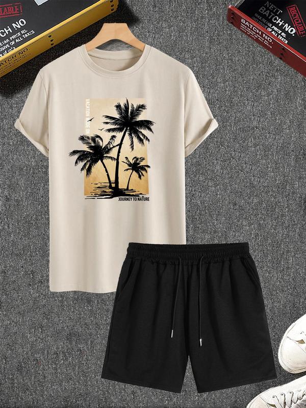 Two-Piece Set Men's Coconut Tree Graphic Crew Neck Tee & Drawstring Shorts Set, Loose Casual Round Neck Short Sleeve T-shirt & Elastic Waist Pocket Shorts, Men's Designer Outfits Set, Beach Outfits, Summer Sets, Men's Two-piece Outfits