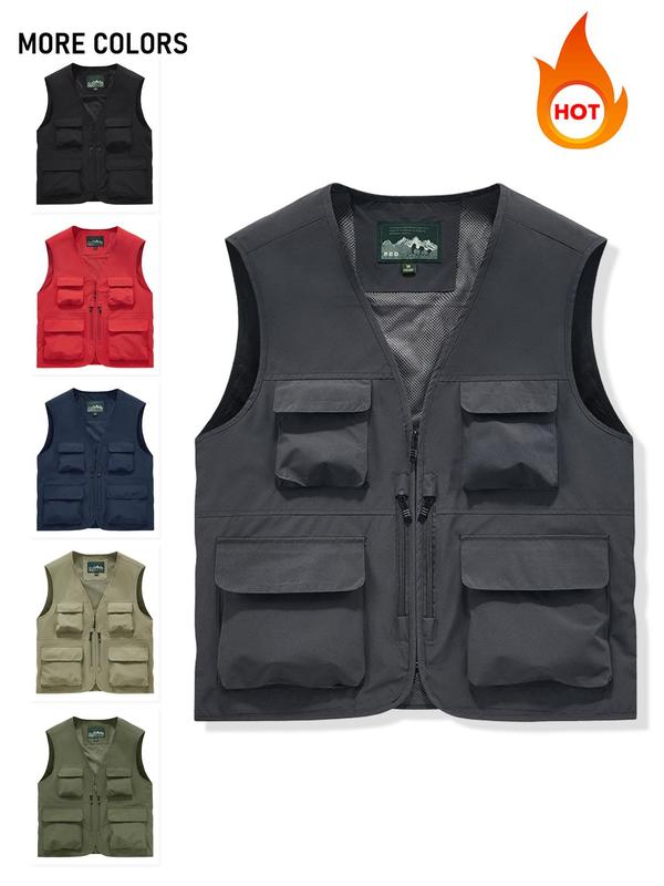 Men's Solid Color Vest Jacket, Regular Fit Casual Sleeveless Zip Up Waistcoat for Outdoor Fishing, Men's Outerwear for All Seasons