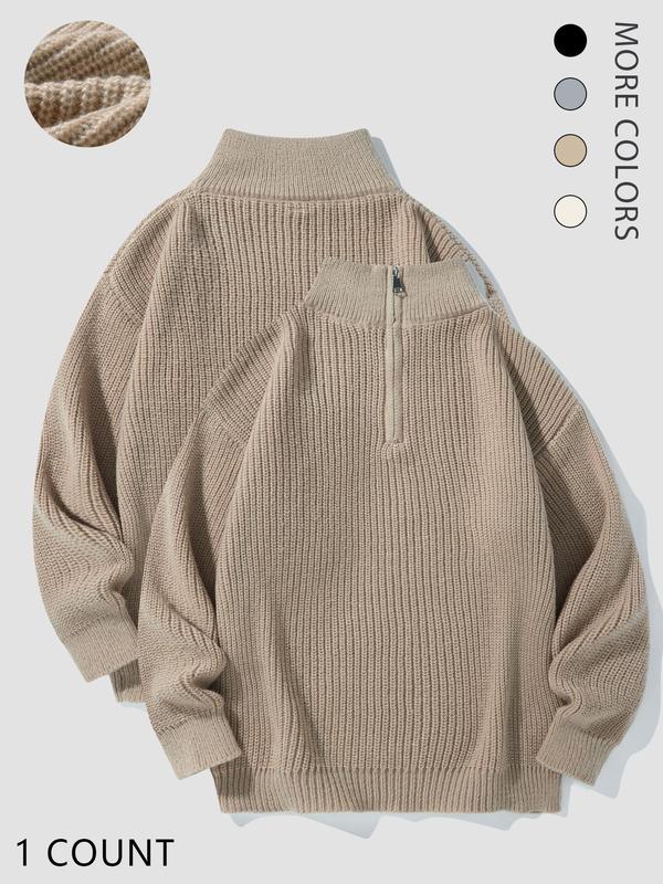 Men's Solid Zip Up Funnel Neck Sweater, Regular Fit Casual Long Sleeve Jumper for Fall & Winter, Men's Knitwear for Daily Wear