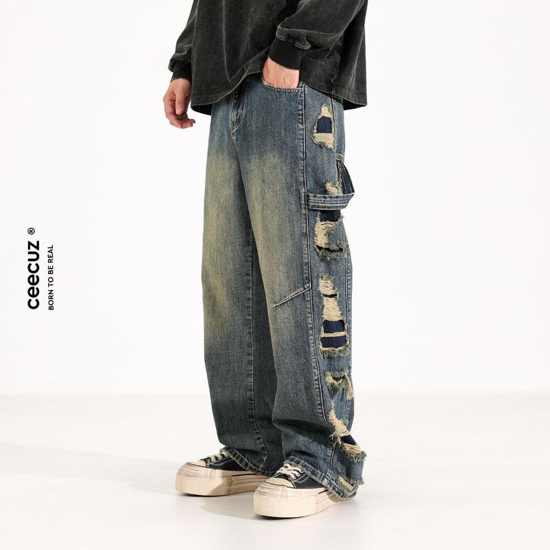 Men's Retro Distressed Vintage Loose Wide-leg Jeans Men's Niche Loose Straight Long Pants