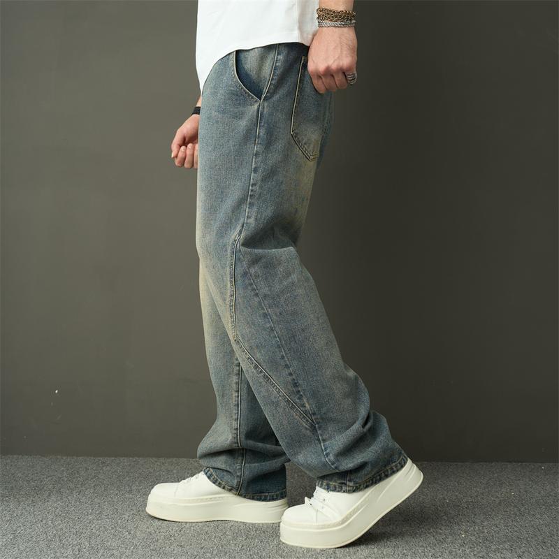 Wide-Leg New Streetwear Men Simple Style Spliced Straight Loose Jeans Trousers Stylish Solid Men's Casual Denim Pants