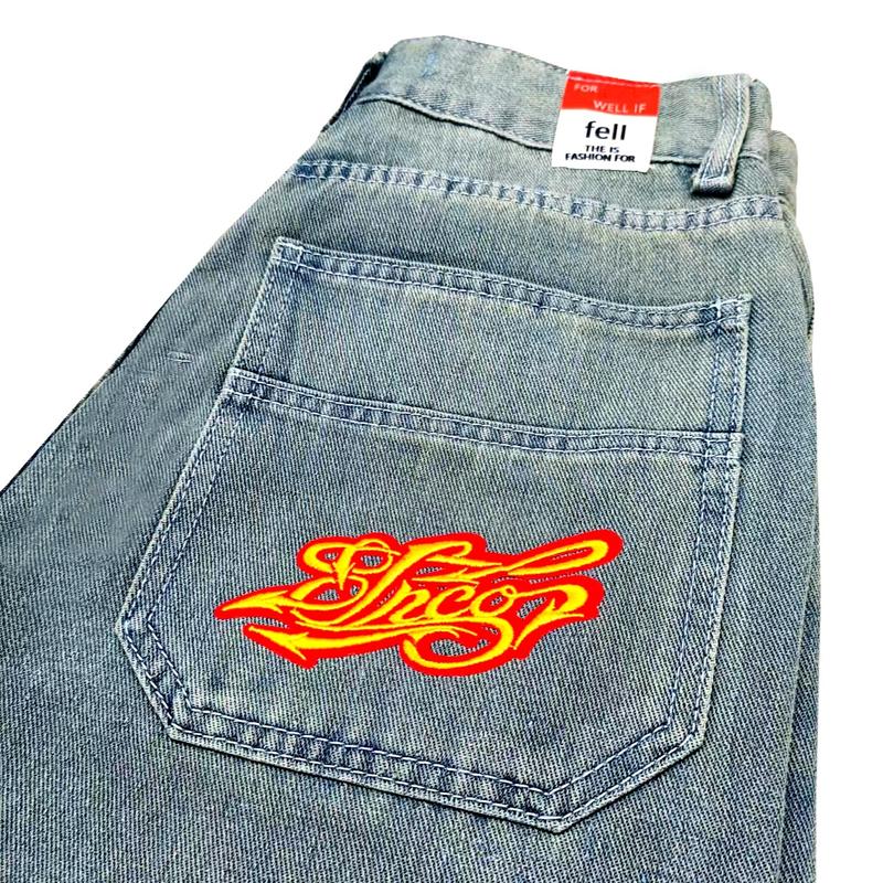 Loose Men's Vintage Embroidery High Quality Jeans Hip Hop Goth Street Style JNCO Casual Wide Leg Jeans Y2K wide leg high waist