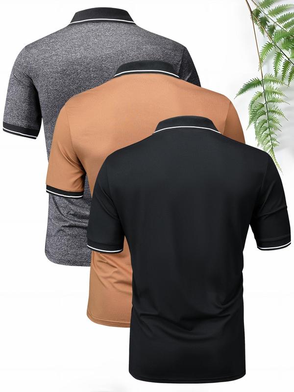 Men's Striped Trim Print Button Front Half Placket Polo Shirt, Polo Shirts Men, Regular Fit Shortsleeve Top, Casual Soft Comfy Short Sleeve Collared Top for Summer, Summer Outfits, Men's Back To School Clothes for Daily Outdoor Wear