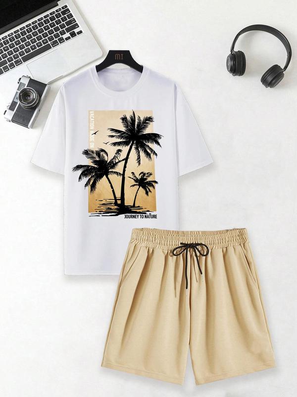 Two-Piece Set Men's Coconut Tree Graphic Crew Neck Tee & Drawstring Shorts Set, Loose Casual Round Neck Short Sleeve T-shirt & Elastic Waist Pocket Shorts, Men's Designer Outfits Set, Beach Outfits, Summer Sets, Men's Two-piece Outfits