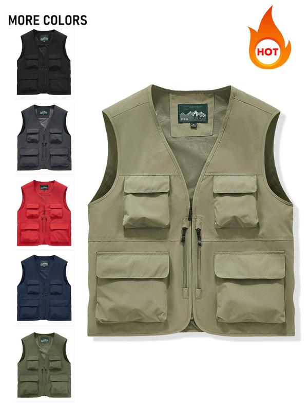 Men's Solid Color Vest Jacket, Regular Fit Casual Sleeveless Zip Up Waistcoat for Outdoor Fishing, Men's Outerwear for All Seasons