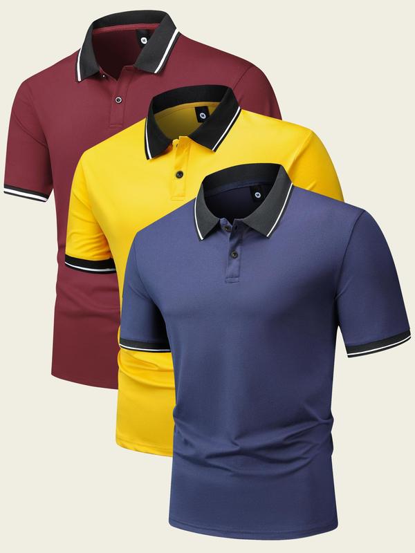 Men's Striped Trim Print Button Front Half Placket Polo Shirt, Polo Shirts Men, Regular Fit Shortsleeve Top, Casual Soft Comfy Short Sleeve Collared Top for Summer, Summer Outfits, Men's Back To School Clothes for Daily Outdoor Wear