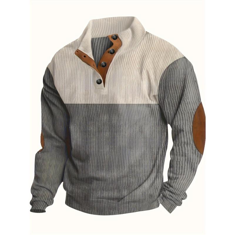 Men's Contrasting Color Long-sleeved Stand-collar Henley Shirt, Patchwork Design, Spring And Autumn Outdoor Casual Fashion Top