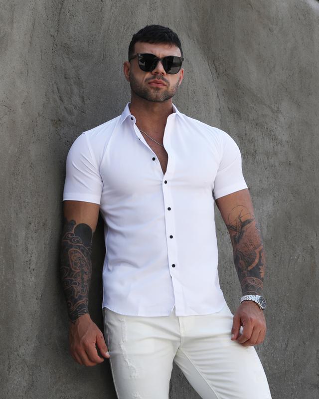 RPOVIG Men's Muscle Dress Shirts Casual Button Down Short Sleeve Elasticity Athletic Fit Wrinkle-Free Shirt Plain Shortsleeve Menswear Top Tropical Beige Collared