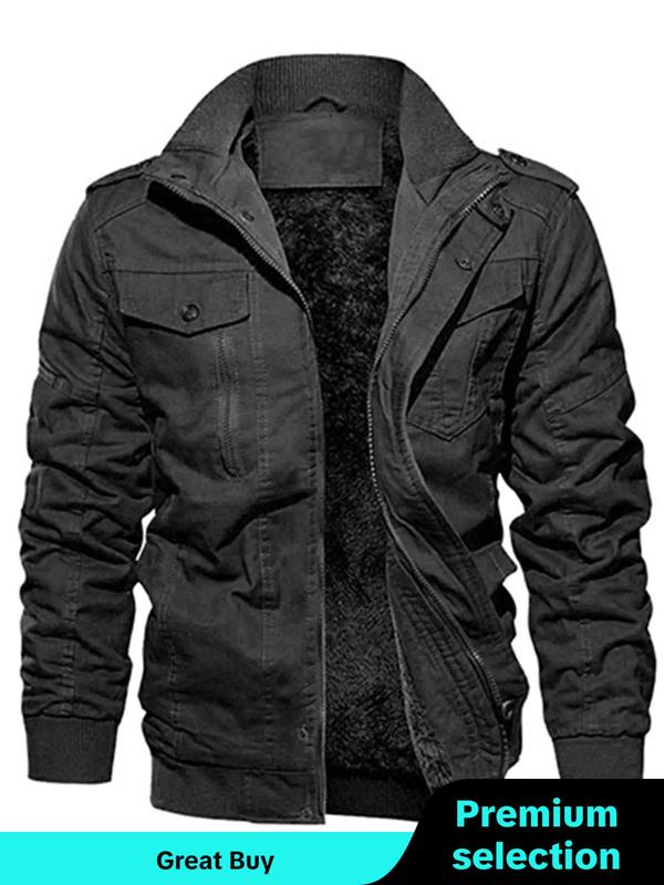 Men's Regular Fit Solid Pocket Zipper Winter Jacket, Casual Long Sleeve Stand Collar Outerwear for Fall & Winter, Men's Clothes for Daily Wear