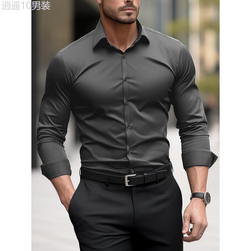 Long Sleeve Men's Solid Color Dress Shirts, Lapel Collar Design Casual Button Up Shirt For Formal Occasions Menswear Top