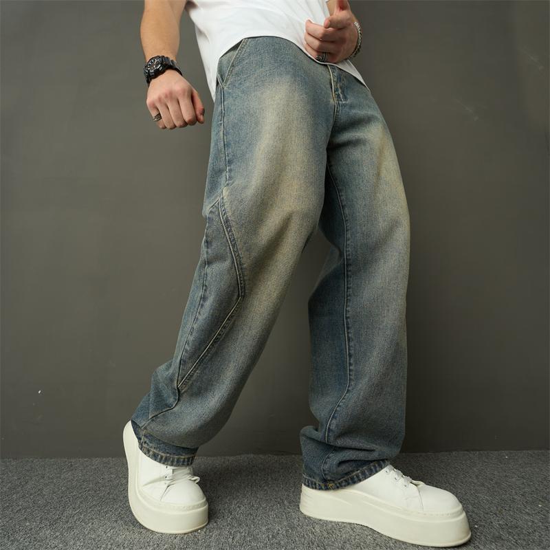 Wide-Leg New Streetwear Men Simple Style Spliced Straight Loose Jeans Trousers Stylish Solid Men's Casual Denim Pants