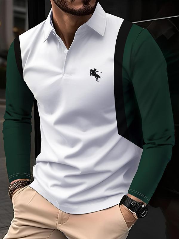 Men's Colorblock Knight Print Polo Shirt, Regular Fit Casual Long Sleeve Button Front Top for Fall & Winter, Men's Clothes for Daily Wear