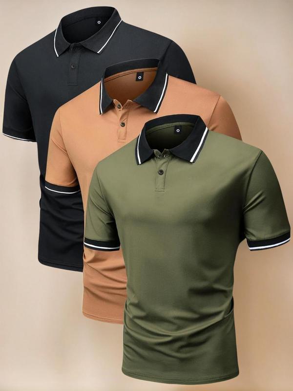 Men's Striped Trim Print Button Front Half Placket Polo Shirt, Polo Shirts Men, Regular Fit Shortsleeve Top, Casual Soft Comfy Short Sleeve Collared Top for Summer, Summer Outfits, Men's Back To School Clothes for Daily Outdoor Wear