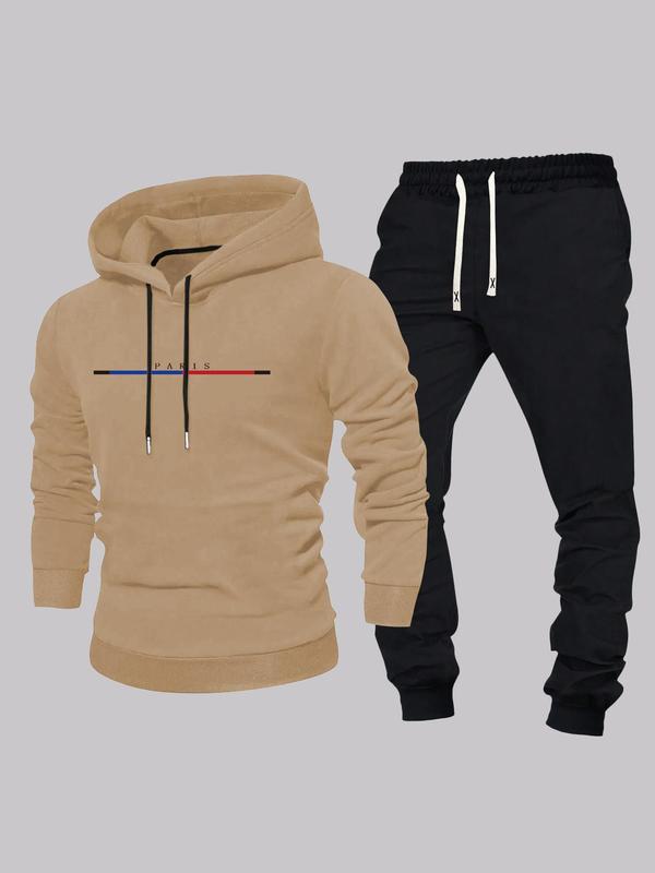 Two-piece Set Men's Letter and  Striped Print Hoodie & Drawstring Waist Sweatpants, Regular Fit Casual Long Sleeve Hooded  Sweatshirt & Pocket Jogger Pants, Men's Spring & Fall Clothes