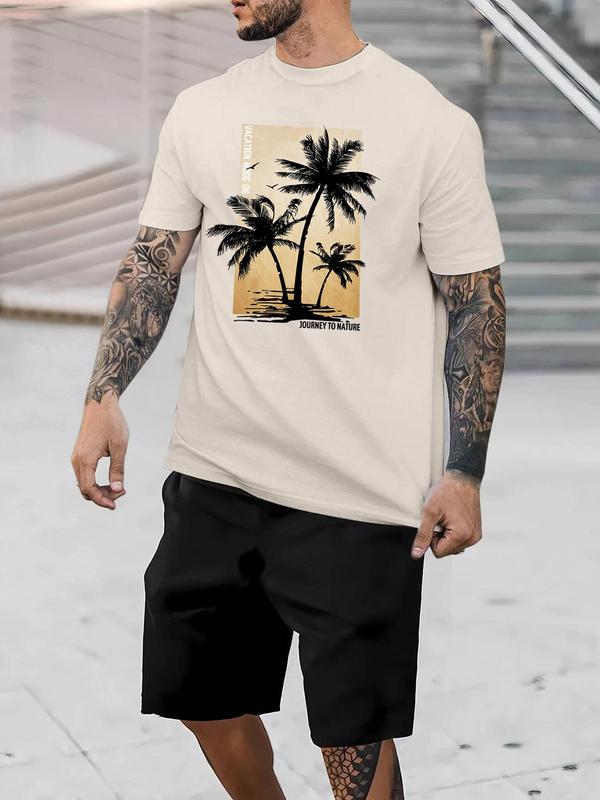 Two-Piece Set Men's Coconut Tree Graphic Crew Neck Tee & Drawstring Shorts Set, Loose Casual Round Neck Short Sleeve T-shirt & Elastic Waist Pocket Shorts, Men's Designer Outfits Set, Beach Outfits, Summer Sets, Men's Two-piece Outfits