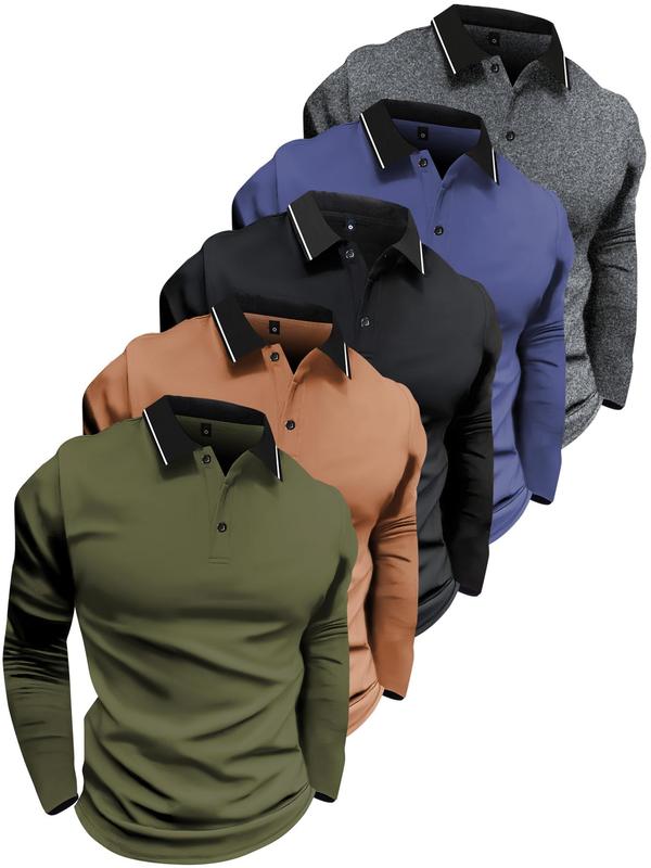 Men's Solid Long Sleeve Polo Shirt, Polo Collar Shirt, Casual Regular Fit Button Front Top for Summer, Fashion Men's Clothes for Daily Wear